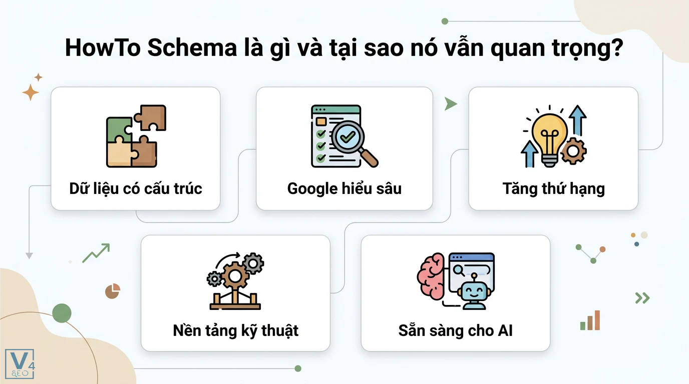 HowTo Schema cho nội dung hướng dẫn từng bước: Cách tạo JSON-LD 1 HowTo Schema tối ưu dữ liệu có cấu trúc giúp Google hiểu sâu nội dung, tăng thứ hạng, xây dựng nền tảng kỹ thuật và sẵn sàng cho tìm kiếm AI