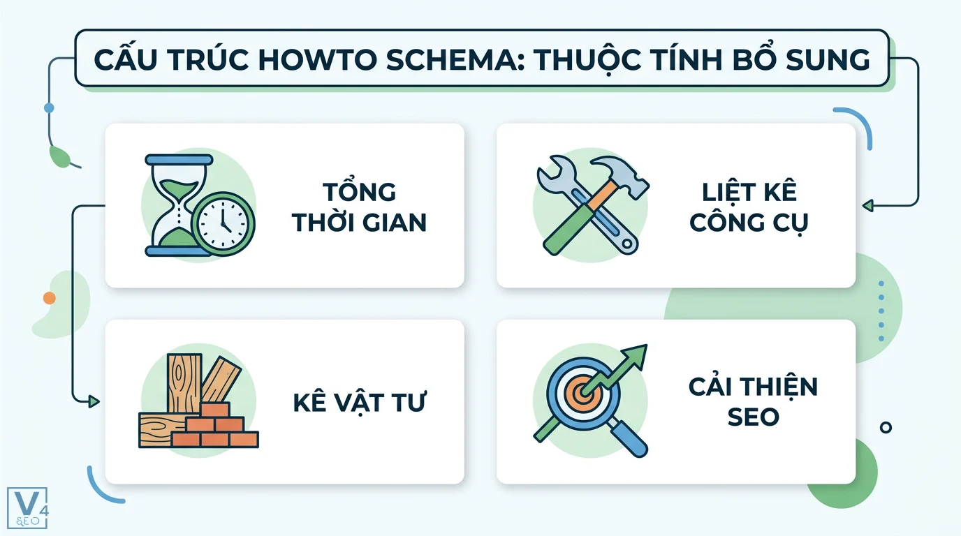 HowTo Schema cho nội dung hướng dẫn từng bước: Cách tạo JSON-LD 2 Cấu trúc HowTo Schema với các thuộc tính bổ sung gồm tổng thời gian, liệt kê công cụ và vật tư giúp tối ưu dữ liệu và cải thiện SEO