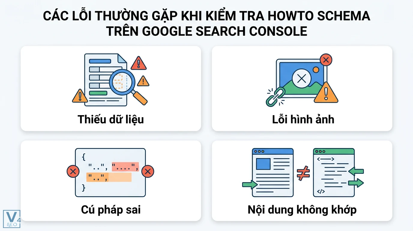 HowTo Schema cho nội dung hướng dẫn từng bước: Cách tạo JSON-LD 3 Các lỗi HowTo Schema trên Google Search Console gồm thiếu dữ liệu, lỗi định dạng, cú pháp JSON-LD không hợp lệ và nội dung không khớp