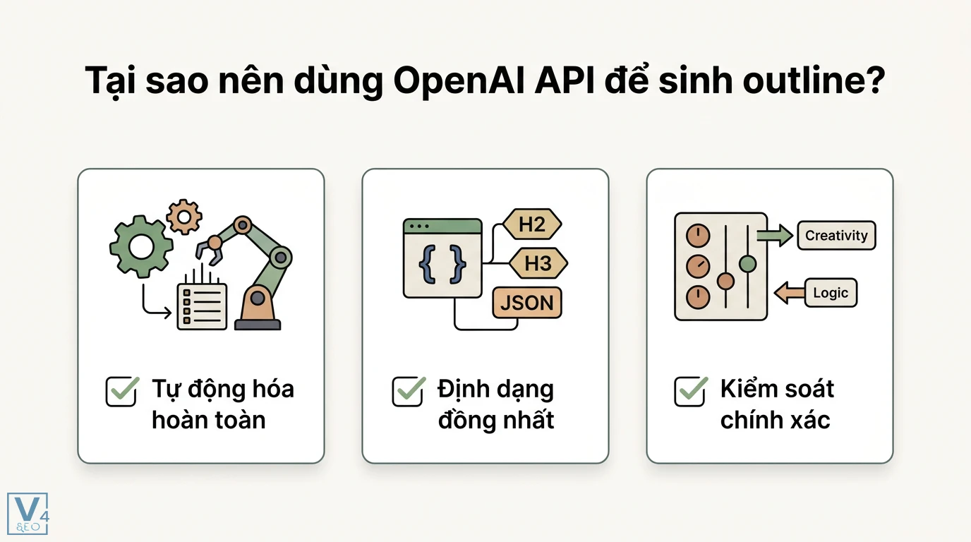 Quy trình dùng API OpenAI sinh outline nhanh chóng với GPT-4o 3 Ứng dụng Python gọi API OpenAI gpt-4o sinh outline tự động qua các bước khởi tạo client, định hình AI, truyền từ khóa và nhận kết quả JSON