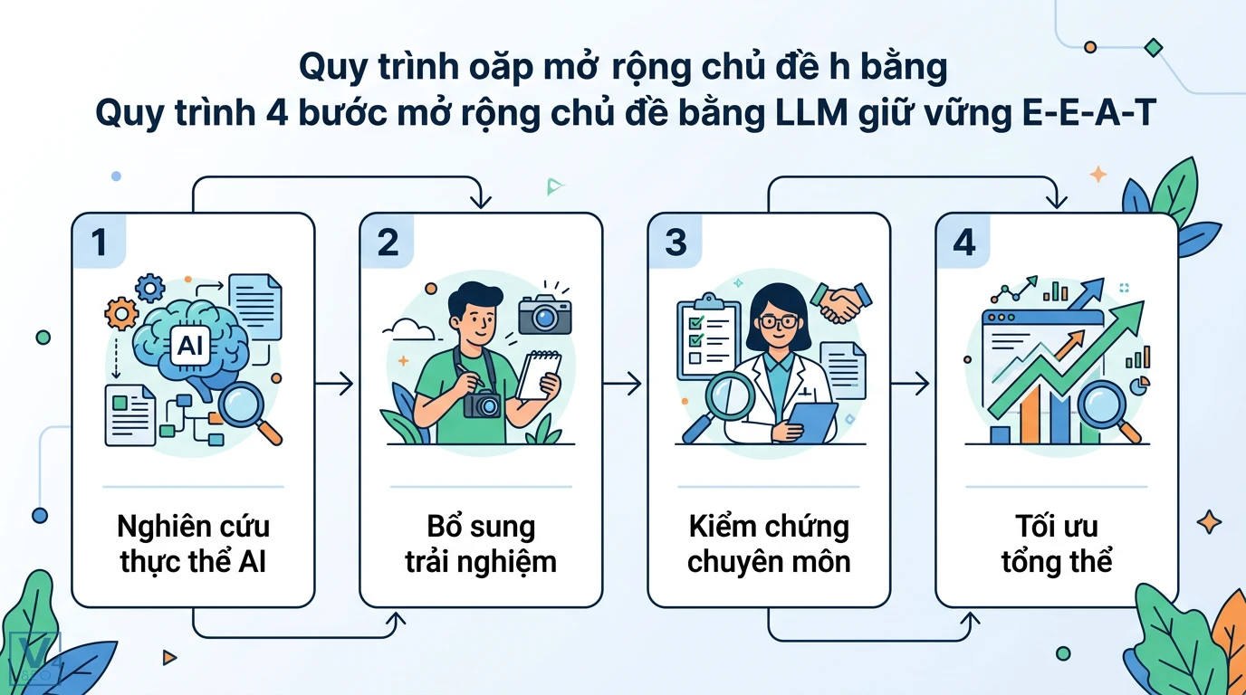 Hướng dẫn sử dụng GPT/LLM để mở rộng topic mà không mất E-E-A-T 1 Quy trình 4 bước mở rộng chủ đề bằng LLM giữ vững E-E-A-T: nghiên cứu thực thể, bổ sung trải nghiệm, kiểm chứng chuyên môn và tối ưu hóa