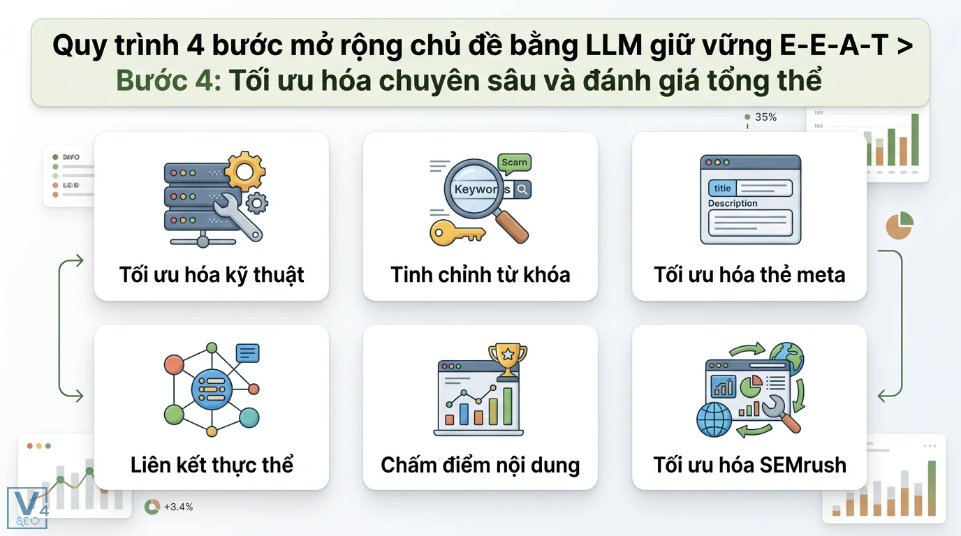 Hướng dẫn sử dụng GPT/LLM để mở rộng topic mà không mất E-E-A-T 2 Tối ưu hóa chuyên sâu gồm tối ưu kỹ thuật, tinh chỉnh từ khóa, thẻ meta, liên kết thực thể và chấm điểm nội dung thông qua SEMrush