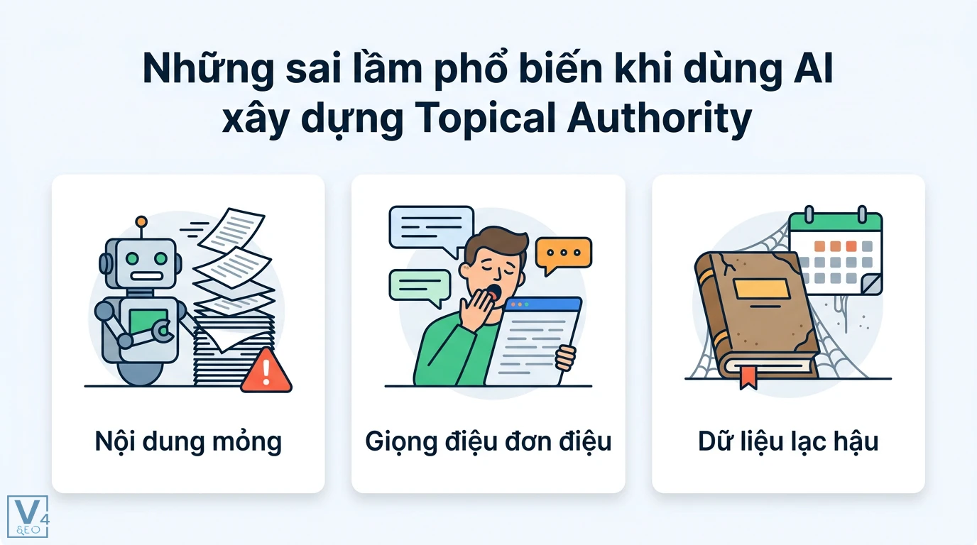 Hướng dẫn sử dụng GPT/LLM để mở rộng topic mà không mất E-E-A-T 3 Sai lầm khi dùng AI xây dựng Topical Authority gồm nội dung mỏng, giọng điệu đơn điệu và dữ liệu lạc hậu gây ảnh hưởng tiêu cực đến E-E-A-T