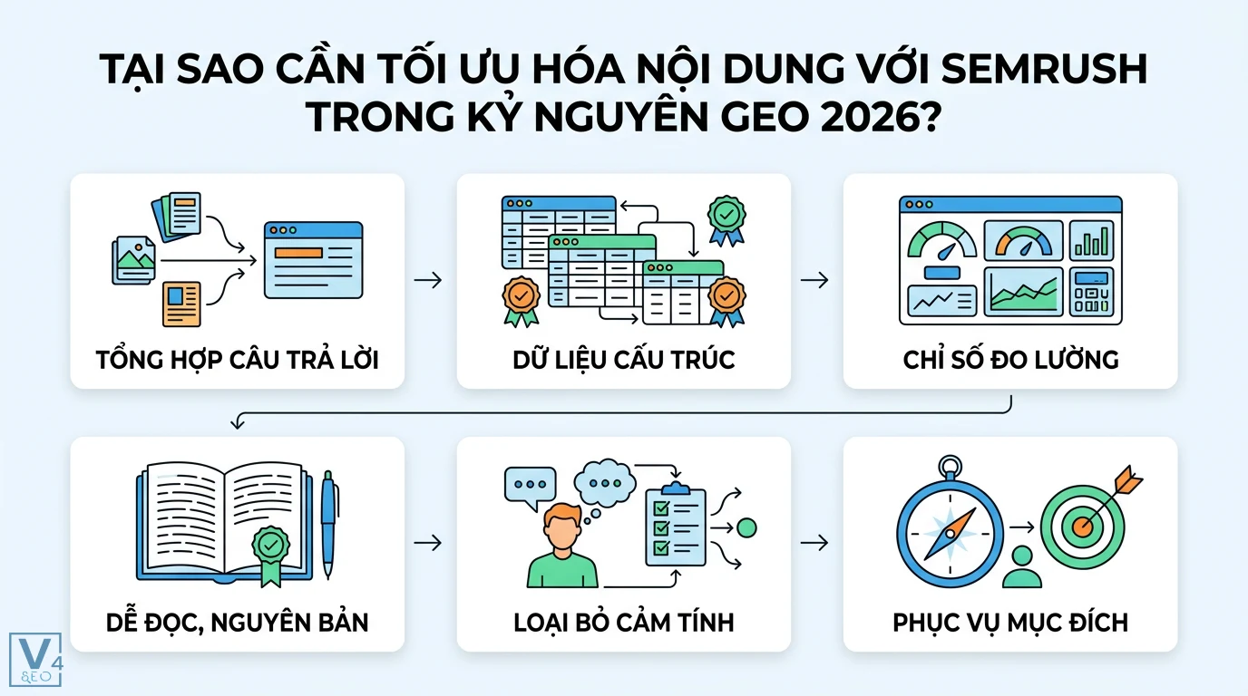 Hướng dẫn tối ưu hóa nội dung với SEMrush chuẩn SEO và GEO 2026 1 Tối ưu hóa GEO 2026 với Semrush giúp tổng hợp câu trả lời, dữ liệu cấu trúc, đo lường tính nguyên bản và phục vụ mục đích tìm kiếm
