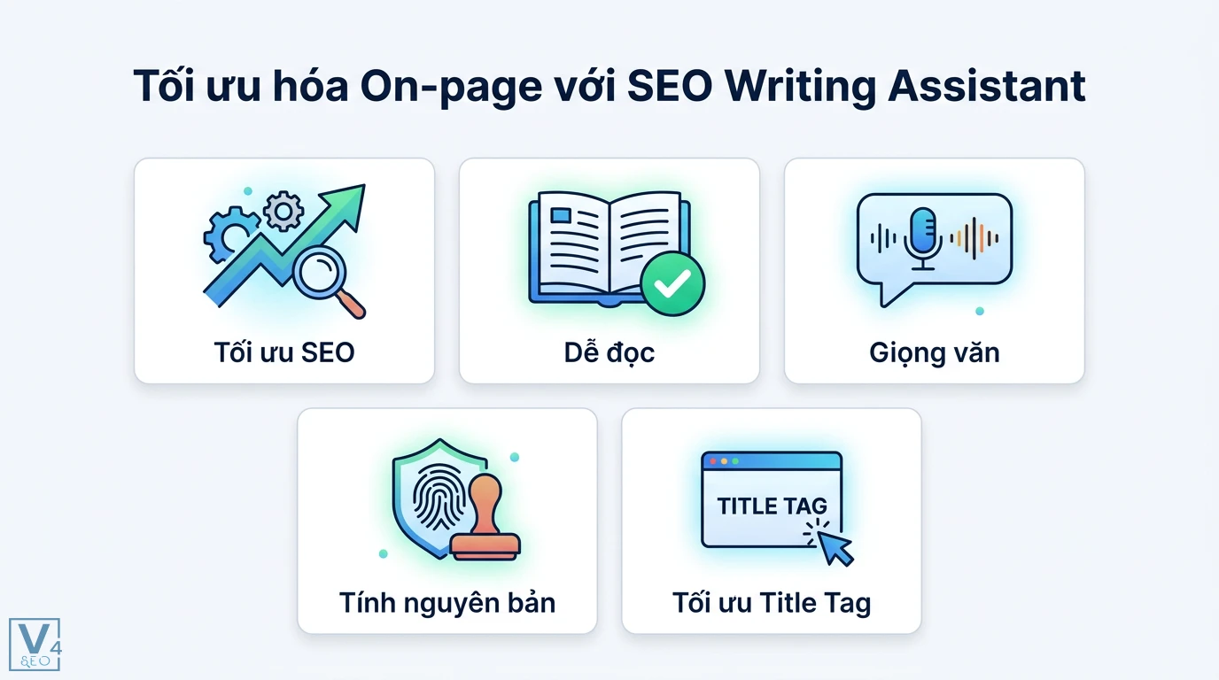 Hướng dẫn tối ưu hóa nội dung với SEMrush chuẩn SEO và GEO 2026 2 Tối ưu hóa On-page với SEO Writing Assistant qua các tiêu chí Tối ưu SEO, Dễ đọc, Giọng văn, Tính nguyên bản và tối ưu thẻ Title Tag