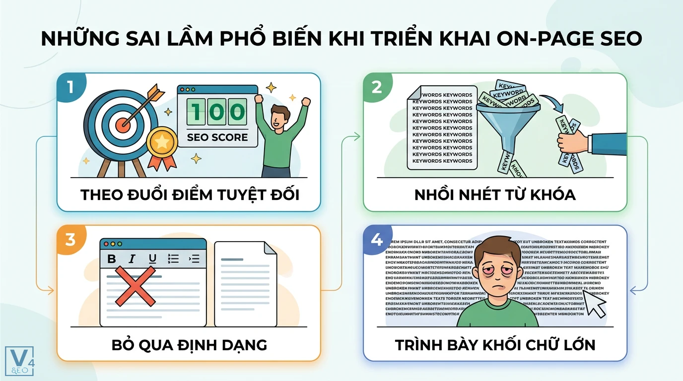Hướng dẫn tối ưu hóa nội dung với SEMrush chuẩn SEO và GEO 2026 3 Sai lầm On-page SEO khi theo đuổi điểm 100 SEO score, nhồi nhét từ khóa, bỏ qua định dạng và trình bày nội dung dày đặc gây cản trở người đọc