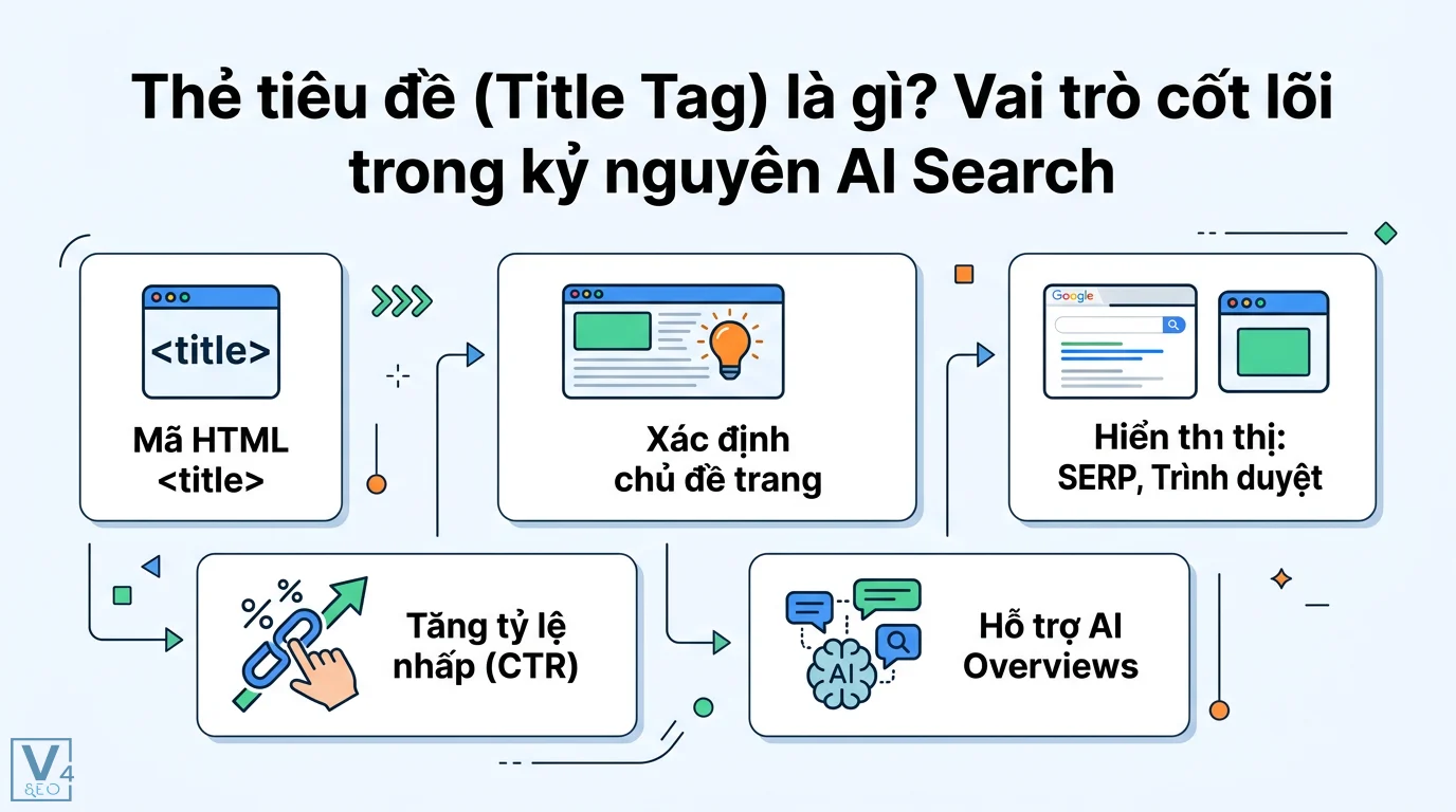 Hướng dẫn tối ưu Title Tag 2026: Chuẩn SEO, AI Search & CTR cao 1 Thẻ tiêu đề trong kỷ nguyên AI Search: từ mã HTML, xác định chủ đề, hiển thị trên SERP, tăng CTR, hỗ trợ AI Overviews