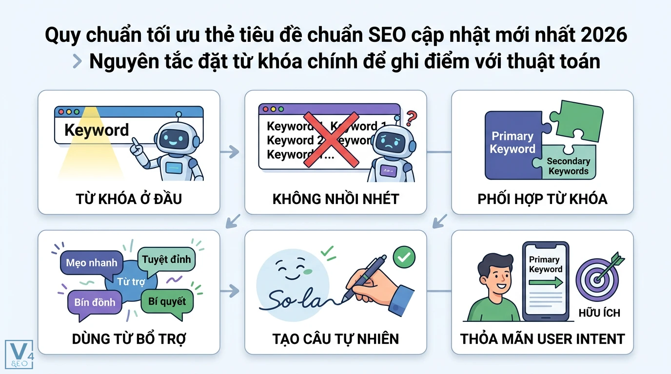 Hướng dẫn tối ưu Title Tag 2026: Chuẩn SEO, AI Search & CTR cao 2 Sáu nguyên tắc tối ưu thẻ tiêu đề SEO: đặt từ khóa ở đầu, không nhồi nhét, phối hợp, dùng từ bổ trợ, tạo câu tự nhiên, thỏa mãn user intent