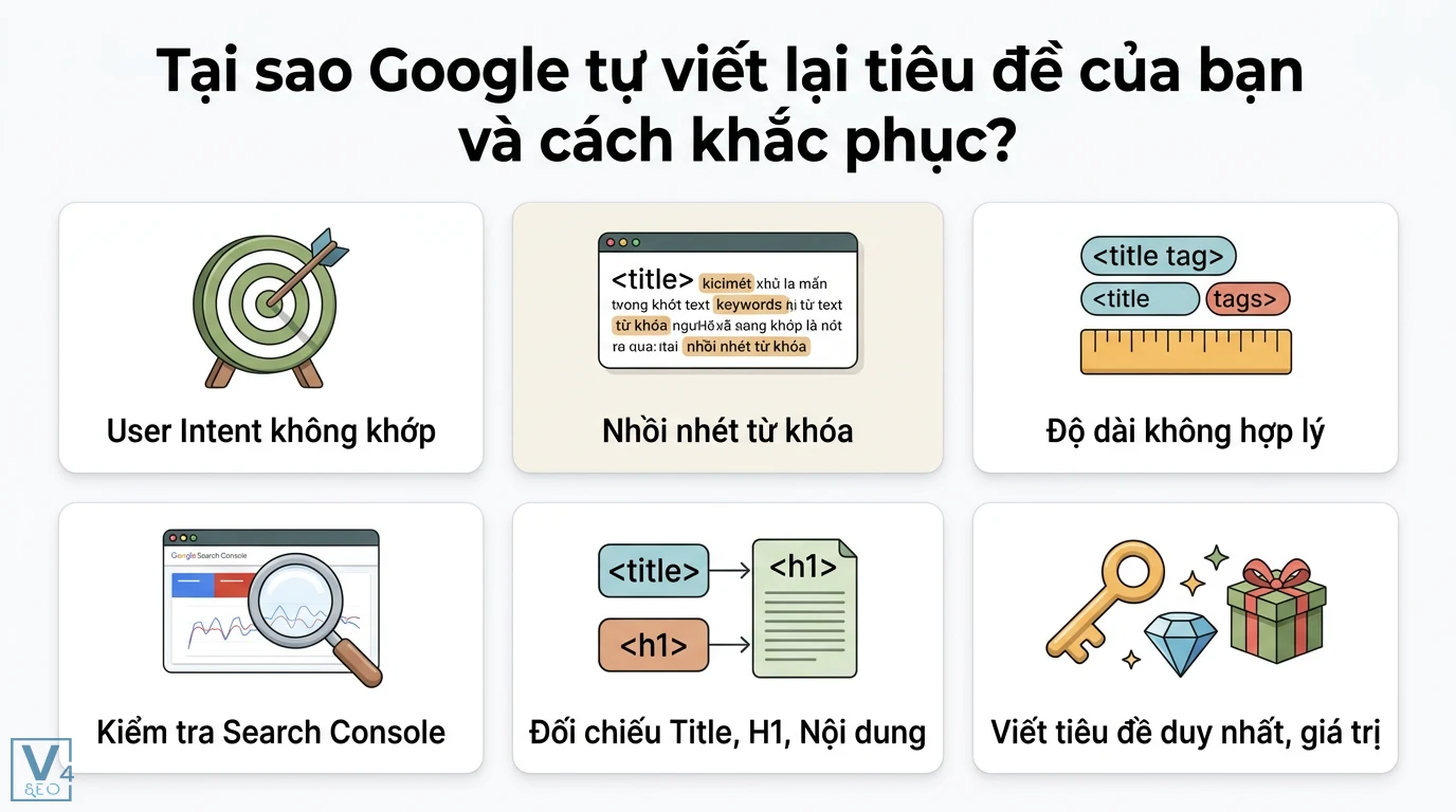 Hướng dẫn tối ưu Title Tag 2026: Chuẩn SEO, AI Search & CTR cao 3 Các nguyên nhân Google tự viết lại tiêu đề (ý định, nhồi nhét từ khóa, độ dài) và cách khắc phục (Search Console, Title H1, nội dung)