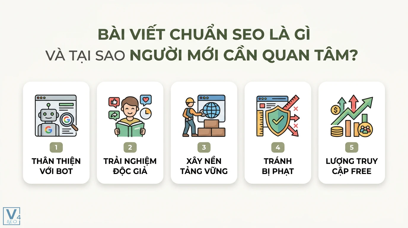 Hướng dẫn viết bài blog chuẩn SEO cho người mới 2026: AI & E-E-A-T 1 Lợi ích bài viết chuẩn SEO giúp thân thiện với bot, trải nghiệm độc giả, xây nền tảng vững, tránh bị phạt và tăng lượng truy cập free