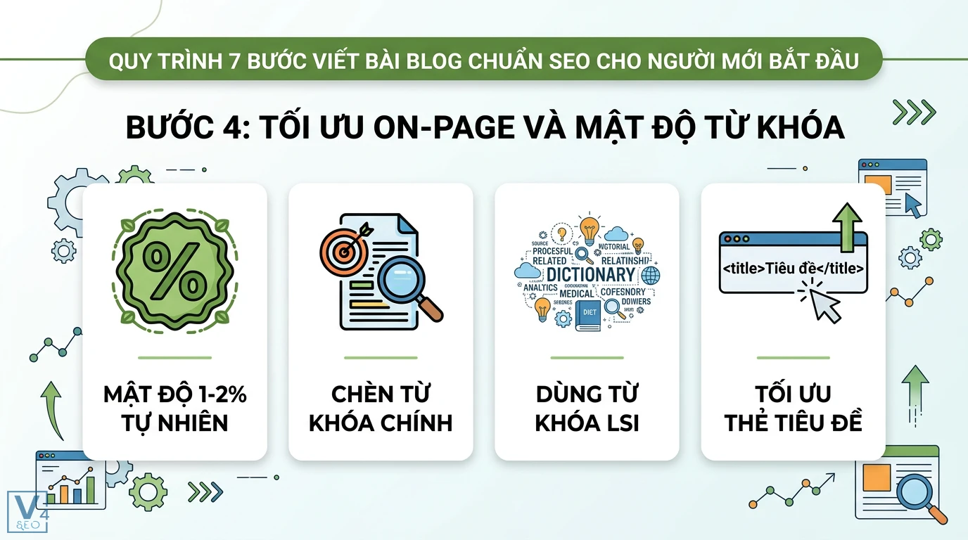 Hướng dẫn viết bài blog chuẩn SEO cho người mới 2026: AI & E-E-A-T 2 Tối ưu On-page và mật độ từ khóa gồm duy trì mật độ 1-2% tự nhiên, chèn từ khóa chính, dùng từ khóa LSI và tối ưu thẻ tiêu đề bài viết