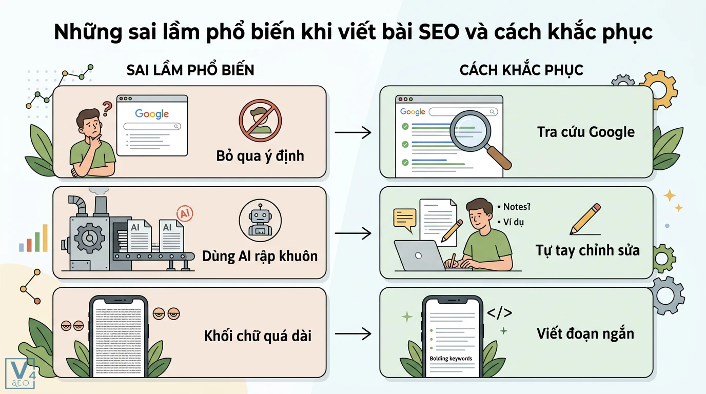 Hướng dẫn viết bài blog chuẩn SEO cho người mới 2026: AI & E-E-A-T 3 Cách khắc phục sai lầm viết bài SEO bằng việc nghiên cứu ý định tìm kiếm, biên tập nội dung AI và tối ưu đoạn văn ngắn cho thiết bị di động