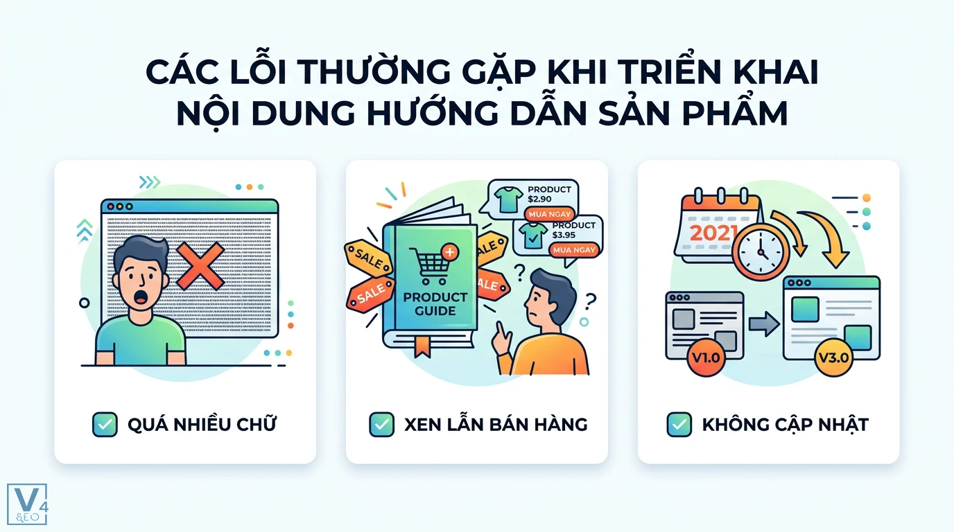 Hướng dẫn viết bài về hướng dẫn sử dụng sản phẩm chuẩn SEO: Tối ưu AI, UX 3 Các lỗi thường gặp khi viết hướng dẫn sản phẩm như quá nhiều chữ, xen lẫn quảng cáo bán hàng và không cập nhật thông tin phiên bản mới