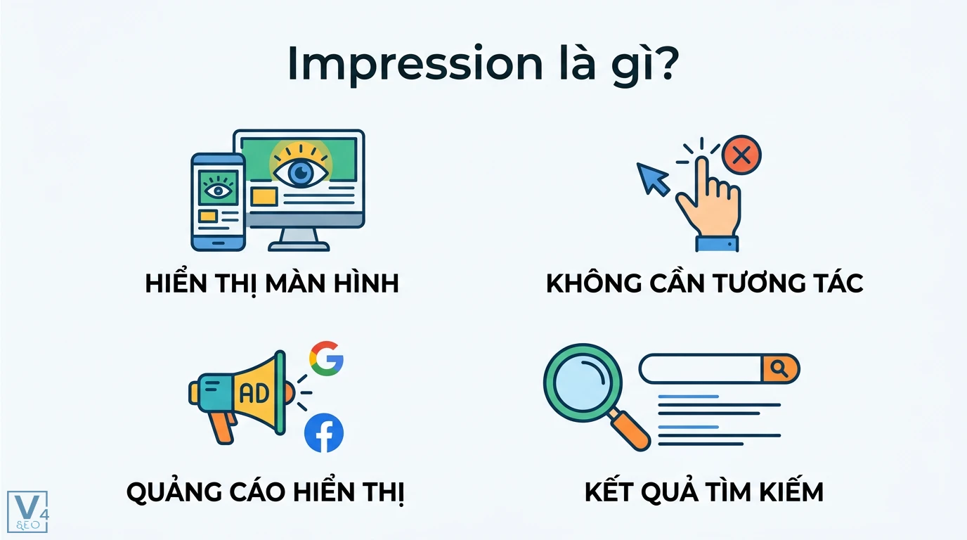 Impressions là gì? Cách tính và mẹo tăng hiển thị Ads và SEO 1 Impression là số lần quảng cáo Google, Facebook và kết quả tìm kiếm hiển thị trên màn hình thiết bị mà không cần người dùng tương tác