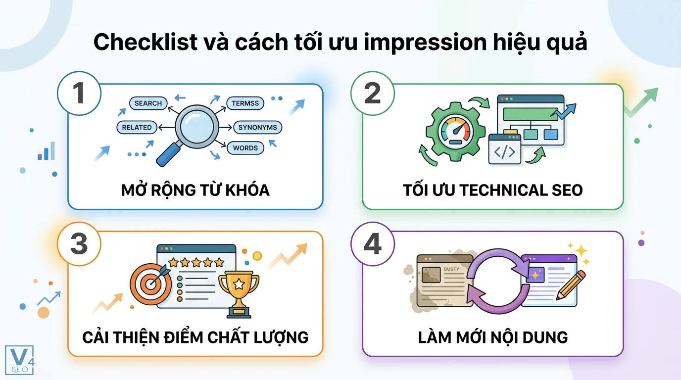 Impressions là gì? Cách tính và mẹo tăng hiển thị Ads và SEO 3 Checklist tối ưu impression hiệu quả qua mở rộng từ khóa semantic, Technical SEO, cải thiện điểm chất lượng và làm mới nội dung trang web