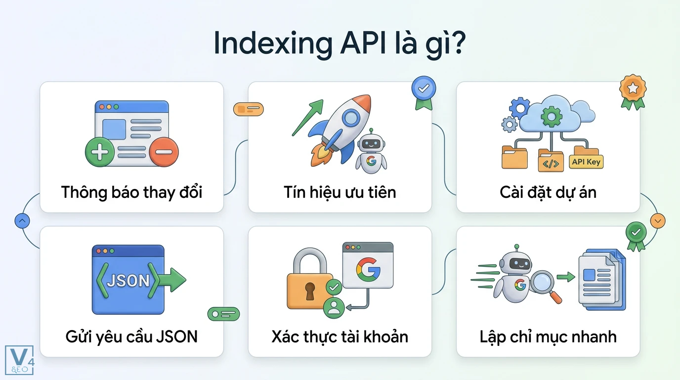 Indexing API là gì? Cách cài đặt và tối ưu tốc độ index website 1 Indexing API thông báo thay đổi qua yêu cầu JSON và xác thực tài khoản giúp Googlebot nhận tín hiệu ưu tiên để lập chỉ mục website nhanh chóng