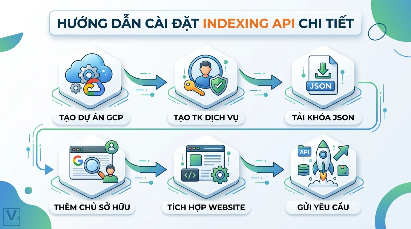 Indexing API là gì? Cách cài đặt và tối ưu tốc độ index website 2 Cài đặt Indexing API gồm tạo dự án GCP, tài khoản dịch vụ, tải khóa JSON, thêm chủ sở hữu Search Console, tích hợp website và gửi yêu cầu