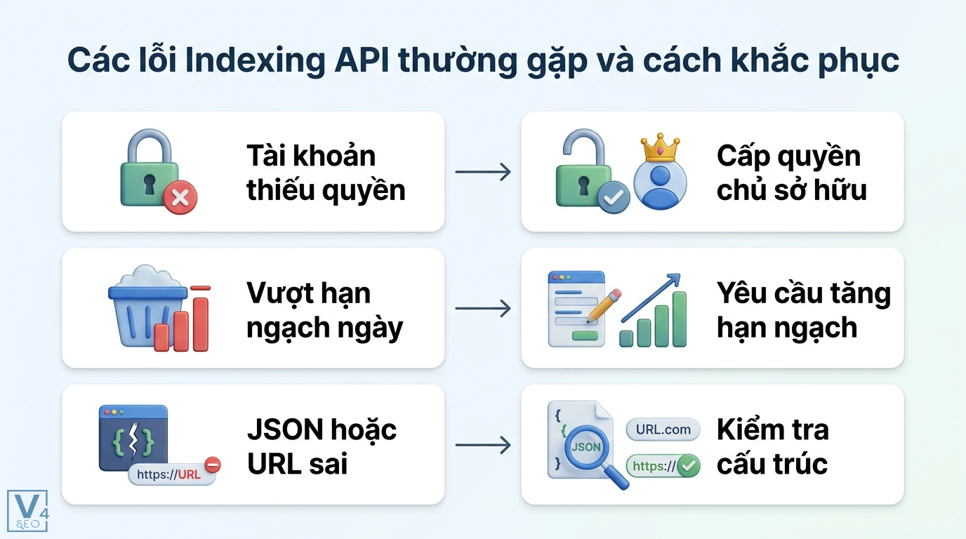 Indexing API là gì? Cách cài đặt và tối ưu tốc độ index website 3 Khắc phục lỗi Indexing API 403 429 400 bằng cách cấp quyền chủ sở hữu, tăng hạn ngạch và kiểm tra cấu trúc dữ liệu JSON hoặc định dạng URL