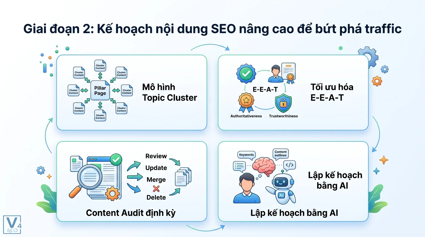 Kế hoạch nội dung SEO cho blog: Từ cơ bản đến nâng cao (Kèm mẫu & AI) 2 Kế hoạch nội dung SEO nâng cao gồm mô hình Topic Cluster, tối ưu E-E-A-T, Content Audit định kỳ và ứng dụng công nghệ AI để bứt phá traffic