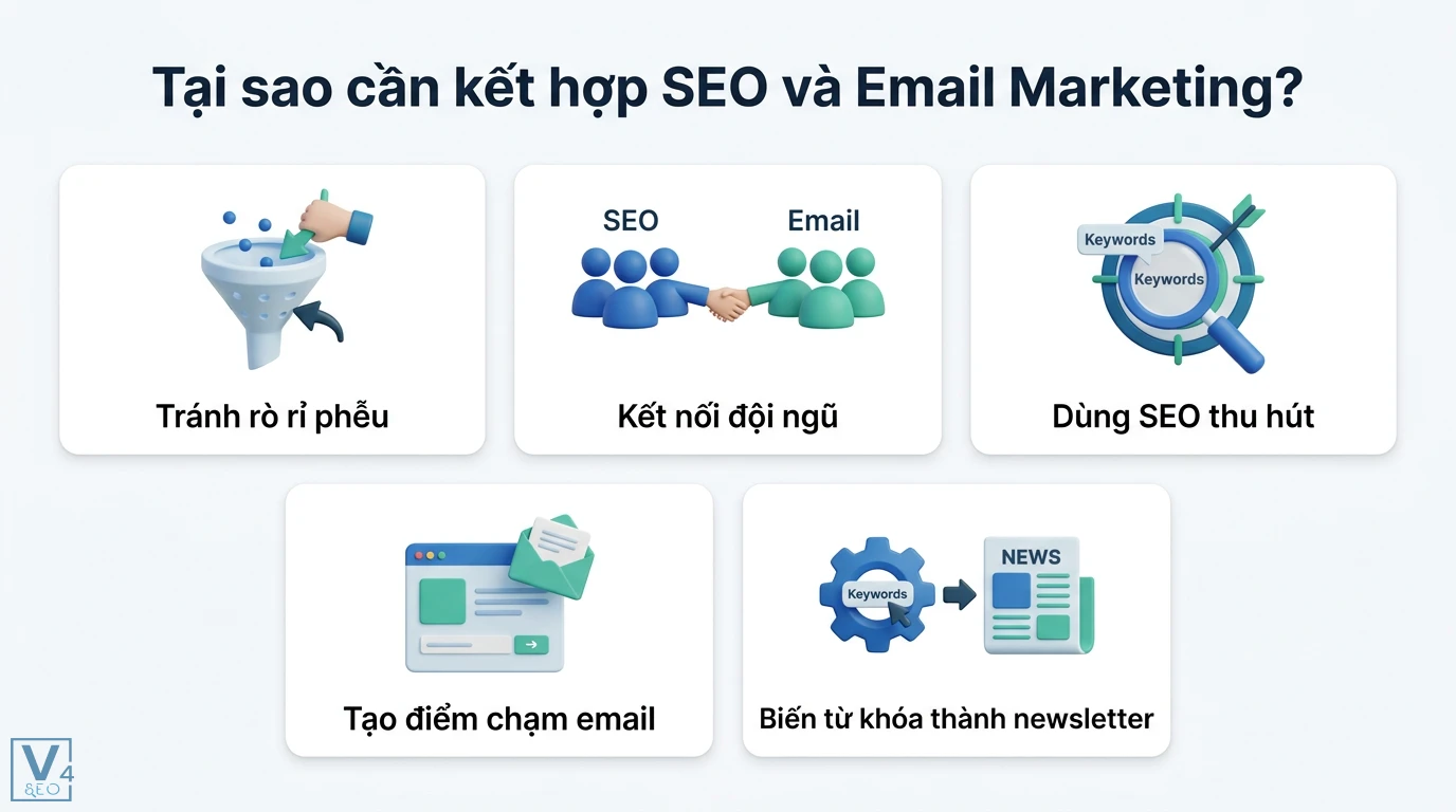 Kết hợp Content SEO với chiến lược Email Marketing hiệu quả nhất 1 Kết hợp SEO và Email Marketing giúp tránh rò rỉ phễu, kết nối đội ngũ, dùng SEO thu hút, tạo điểm chạm email và biến từ khóa thành newsletter