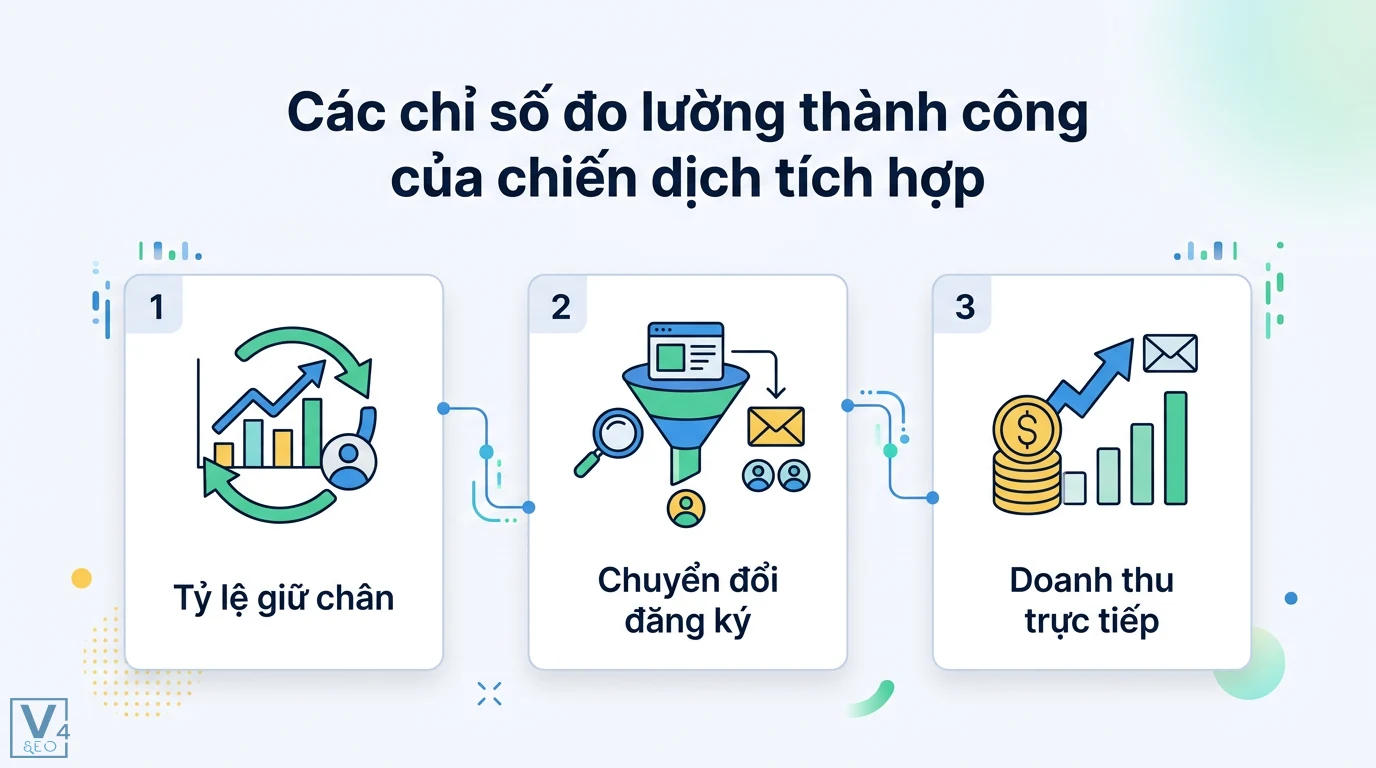 Kết hợp Content SEO với chiến lược Email Marketing hiệu quả nhất 3 Các chỉ số đo lường thành công chiến dịch tích hợp gồm tỷ lệ giữ chân, chuyển đổi người đăng ký và doanh thu trực tiếp từ phễu SEO