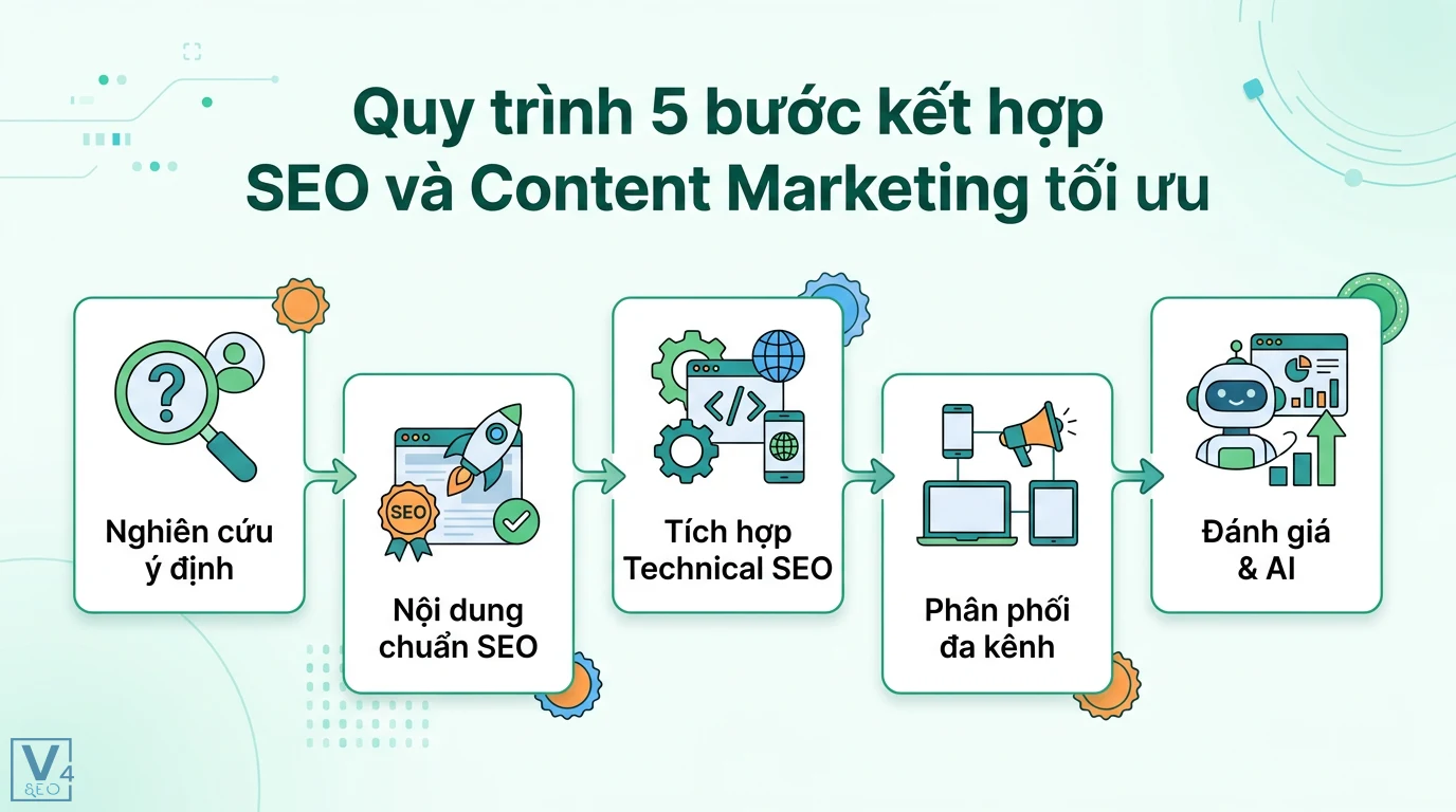 Kết hợp SEO và Content Marketing: Làm sao để đạt hiệu quả tối ưu? 1 Quy trình 5 bước kết hợp SEO và Content Marketing gồm nghiên cứu ý định, nội dung chuẩn SEO, Technical SEO, phân phối đa kênh và đánh giá AI