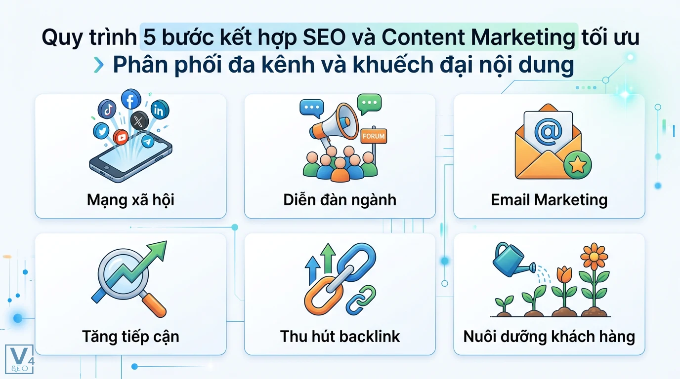 Kết hợp SEO và Content Marketing: Làm sao để đạt hiệu quả tối ưu? 2 Phân phối đa kênh và khuếch đại nội dung qua mạng xã hội, diễn đàn, email giúp tăng tiếp cận, thu hút backlink và nuôi dưỡng khách hàng