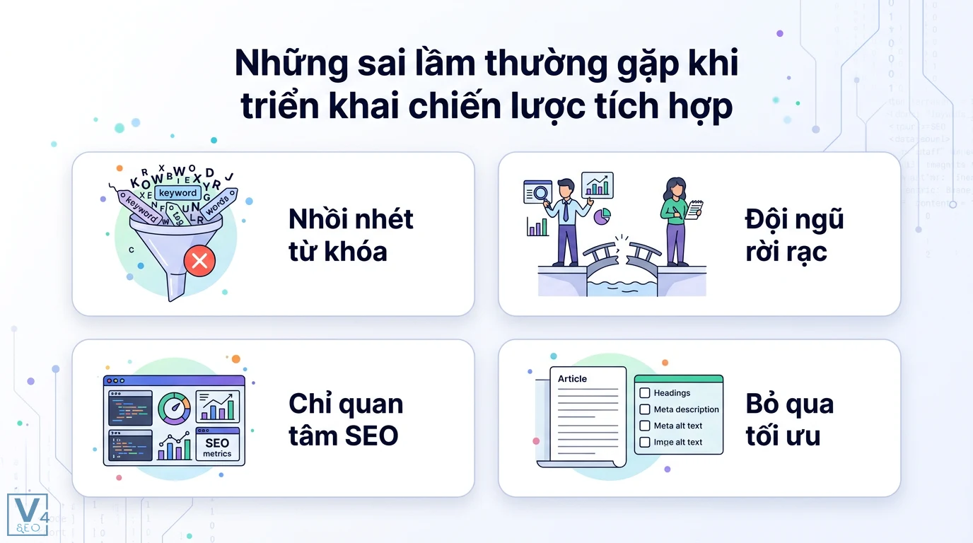 Kết hợp SEO và Content Marketing: Làm sao để đạt hiệu quả tối ưu? 3 Sai lầm trong chiến lược tích hợp gồm nhồi nhét từ khóa, đội ngũ rời rạc, chỉ quan tâm chỉ số SEO và bỏ qua tiêu chuẩn tối ưu hóa nội dung