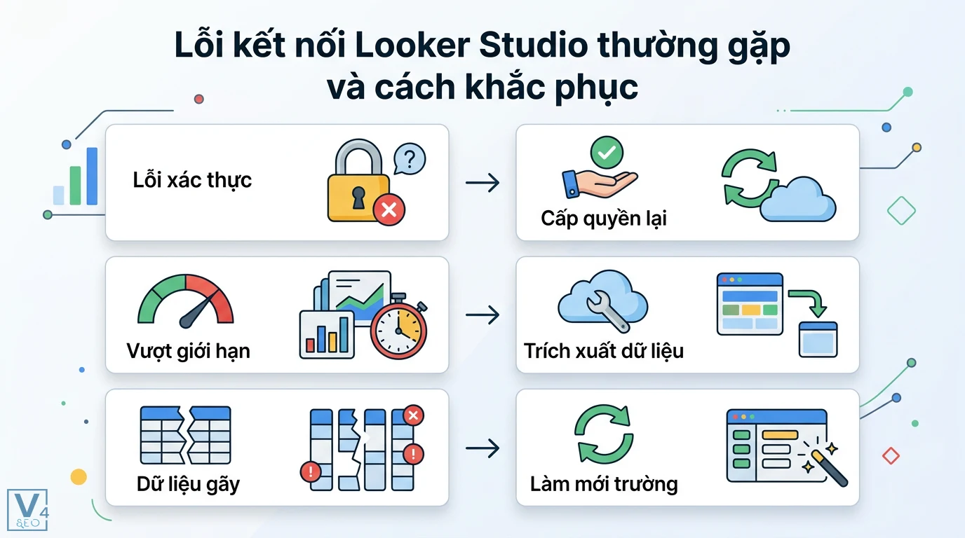Kết nối Looker Studio là gì? Cách thiết lập và sửa lỗi kết nối 3 Cách khắc phục lỗi kết nối Looker Studio thường gặp như lỗi xác thực, vượt giới hạn và dữ liệu gãy bằng việc cấp quyền hoặc làm mới trường