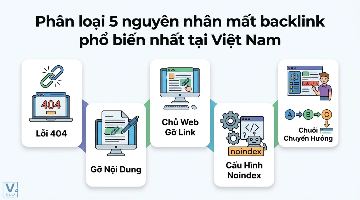 Khôi phục backlink là gì: Cách phục hồi giá trị SEO đã mất 1 Chuỗi khối nội dung minh họa 5 nguyên nhân mất backlink, gồm các thẻ biểu tượng và nhãn chữ như Lỗi 404, Gỡ Nội Dung, Chuỗi Chuyển Hướng