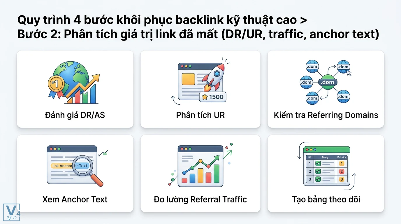 Khôi phục backlink là gì: Cách phục hồi giá trị SEO đã mất 2 Bố cục 6 thẻ về phân tích giá trị link đã mất, với các biểu tượng chỉ số backlink và bảng theo dõi