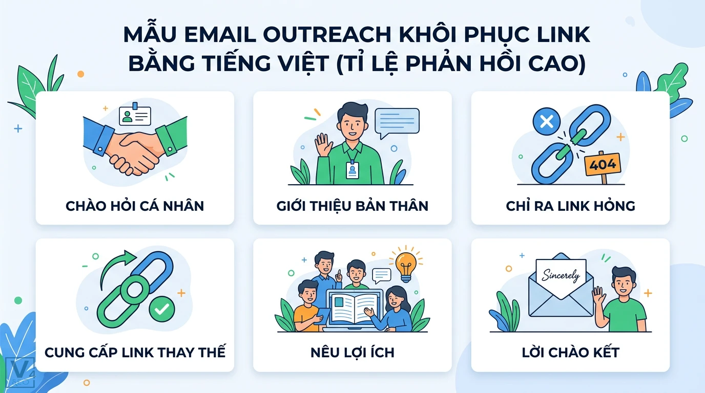 Khôi phục backlink là gì: Cách phục hồi giá trị SEO đã mất 3 Sáu thẻ theo bước minh họa mẫu email khôi phục link, mỗi thẻ có biểu tượng và nhãn văn bản mô tả cụ thể