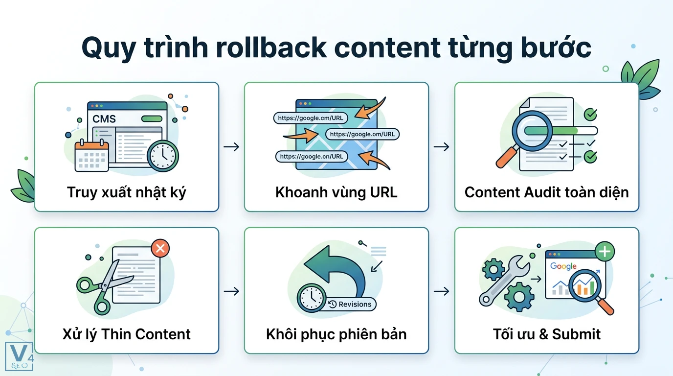 Quy trình rollback content khi bị Google phạt: Checklist phục hồi 3 Khôi phục Revisions, bổ sung giá trị, cập nhật số liệu, tinh chỉnh văn phong, dọn dẹp on-page và yêu cầu Google lập chỉ mục lại