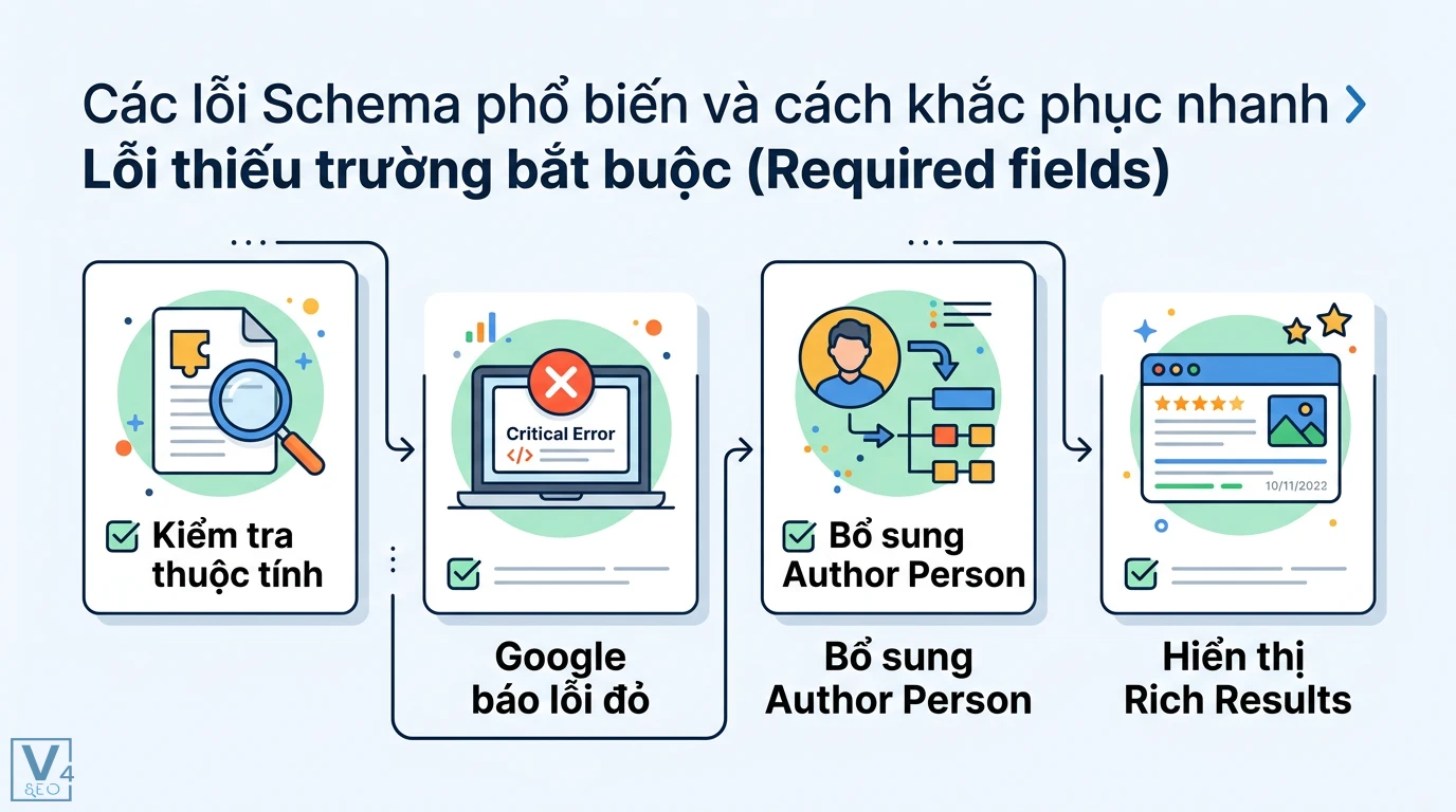 Kiểm tra & khắc phục lỗi Schema bằng Rich Results Test và JSON-LD 2 Khắc phục lỗi thiếu trường bắt buộc trong Schema bằng cách bổ sung Author Person giúp tối ưu hiển thị Rich Results và kết quả nhiều định dạng