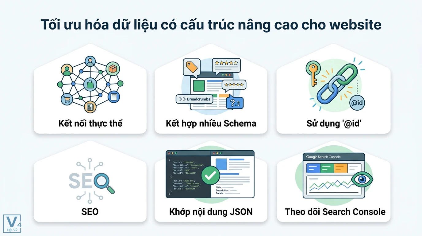 Kiểm tra & khắc phục lỗi Schema bằng Rich Results Test và JSON-LD 3 Tối ưu hóa dữ liệu có cấu trúc nâng cao qua kết nối thực thể, kết hợp Schema, sử dụng @id, khớp nội dung JSON và theo dõi Google Search Console