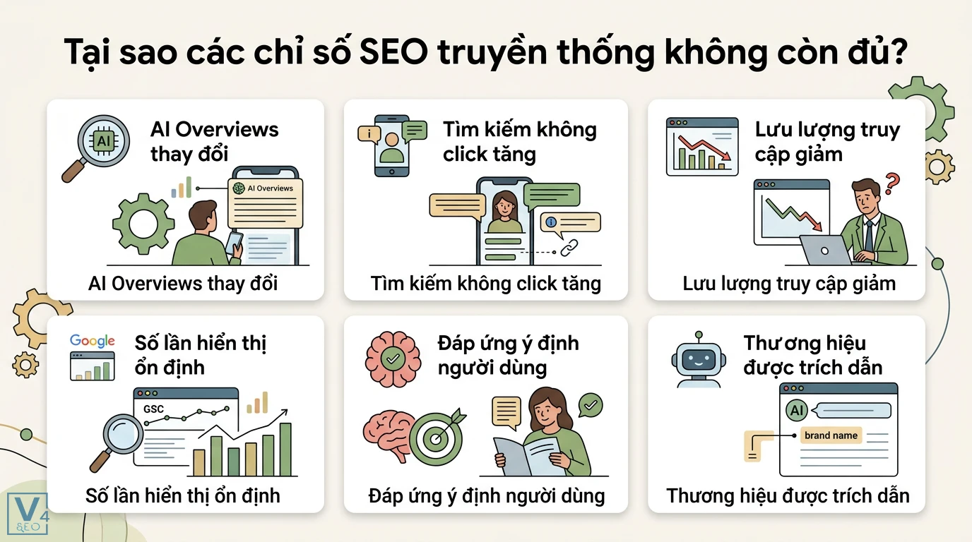 Đo KPI mới cho kỷ nguyên SGE (Impression share, snapshot clicks) 1 AI Overviews gây tìm kiếm không click và giảm traffic nhưng số lần hiển thị ổn định khi thương hiệu được AI trích dẫn làm nguồn tham khảo uy tín