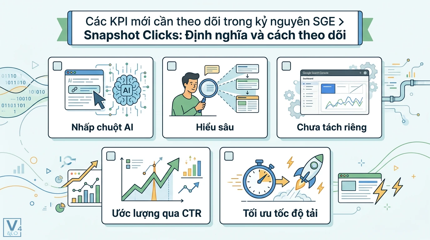 Đo KPI mới cho kỷ nguyên SGE (Impression share, snapshot clicks) 2 Snapshot Clicks và cách theo dõi KPI trong kỷ nguyên SGE thông qua nhấp chuột AI, chỉ số CTR, Google Search Console và tốc độ tải trang đích
