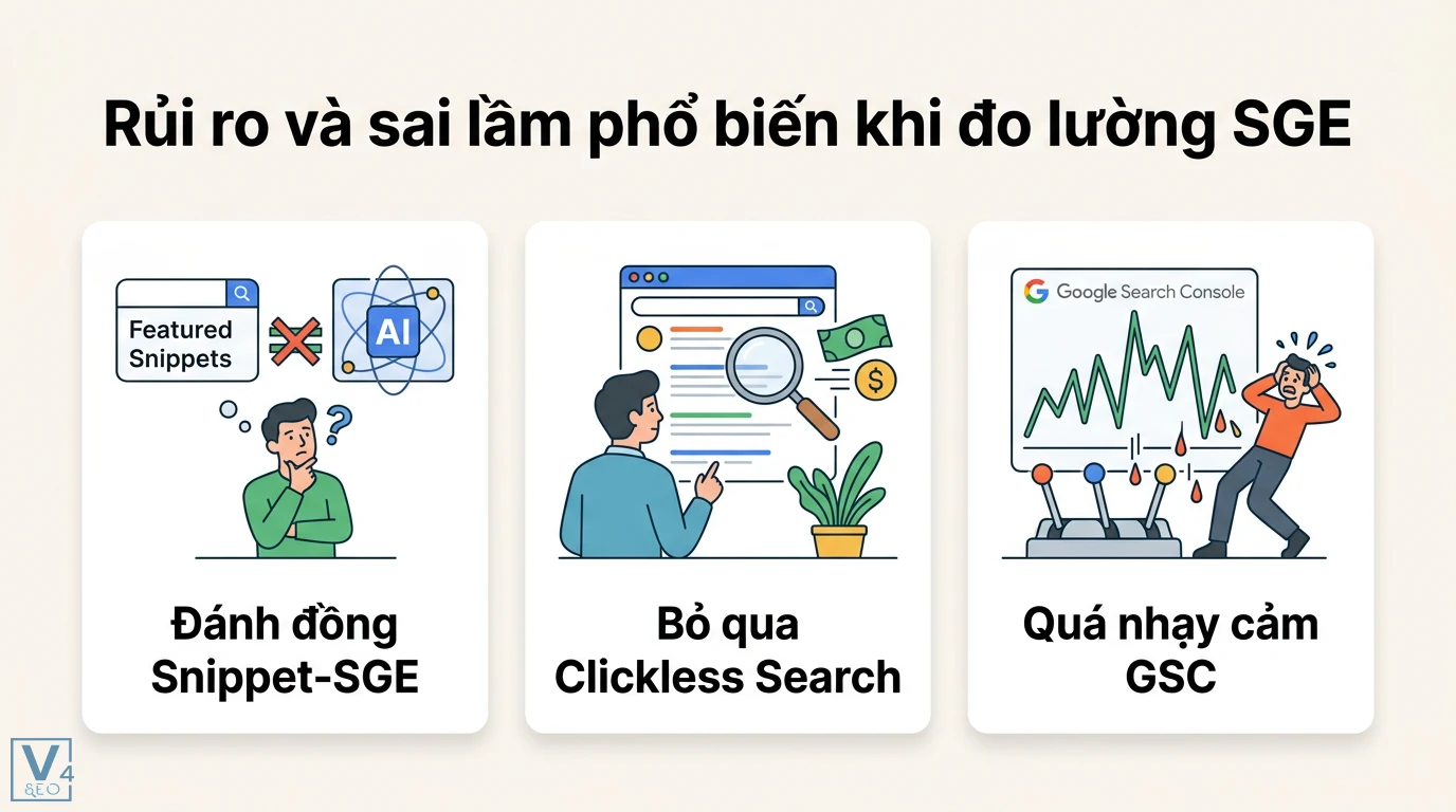 Đo KPI mới cho kỷ nguyên SGE (Impression share, snapshot clicks) 3 Sai lầm đo lường SGE khi đánh đồng Featured Snippet với AI Overviews, bỏ qua Clickless Search và phản ứng thái quá trước biến động trên GSC