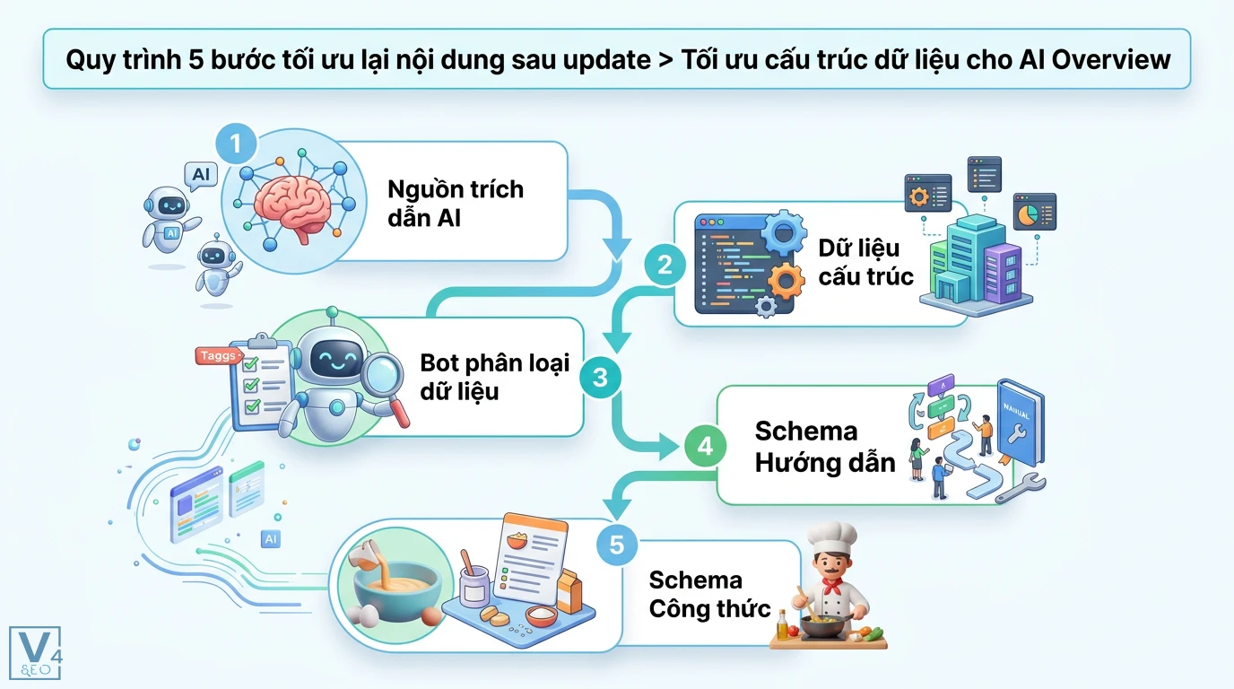 Kỹ thuật tối ưu bài viết SEO cho các bản cập nhật thuật toán của Google 2 Quy trình tối ưu cấu trúc dữ liệu cho AI Overview bằng Schema Markup giúp bot phân loại nguồn trích dẫn, nội dung hướng dẫn và công thức