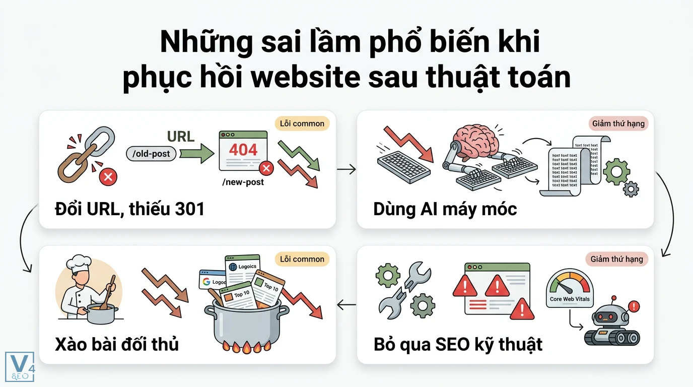 Kỹ thuật tối ưu bài viết SEO cho các bản cập nhật thuật toán của Google 3 Sai lầm phục hồi website sau thuật toán do đổi URL thiếu 301, dùng AI máy móc, xào bài đối thủ và bỏ qua SEO kỹ thuật cùng Core Web Vitals