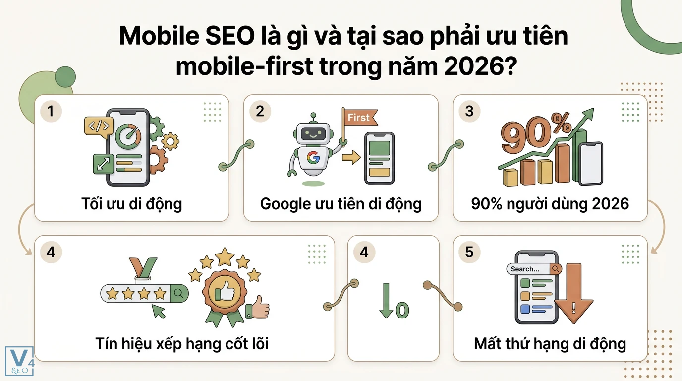 Kỹ thuật tối ưu nội dung cho SEO trên di động (Mobile SEO) 2026 1 Mobile SEO năm 2026 tập trung vào Google Mobile-First Indexing, phục vụ 90% người dùng và tối ưu tín hiệu xếp hạng cốt lõi trên di động