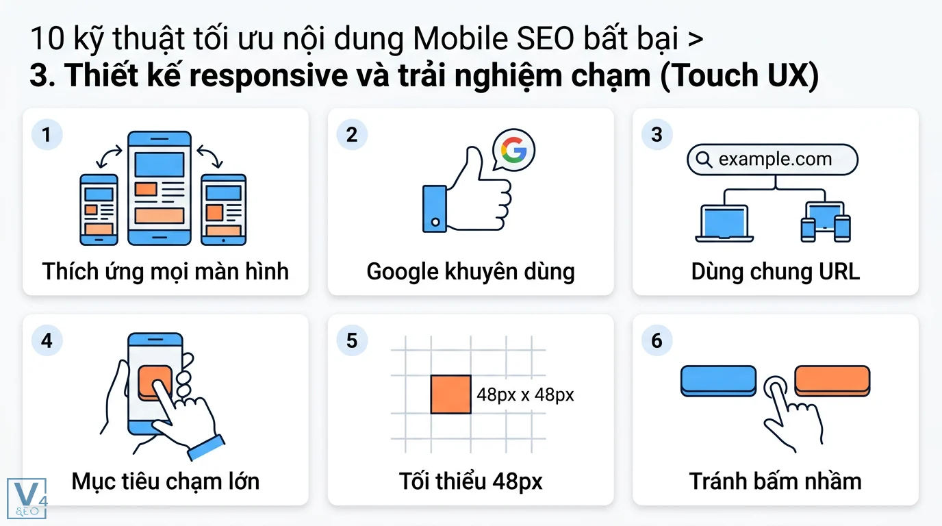 Kỹ thuật tối ưu nội dung cho SEO trên di động (Mobile SEO) 2026 2 Thiết kế responsive và Touch UX giúp thích ứng mọi màn hình, dùng chung URL và đảm bảo mục tiêu chạm 48px để người dùng tránh bấm nhầm