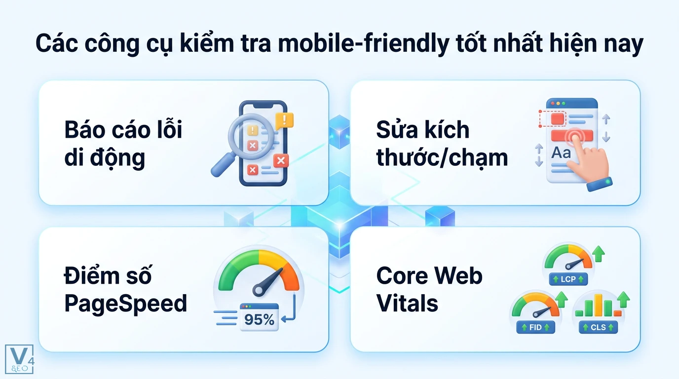 Kỹ thuật tối ưu nội dung cho SEO trên di động (Mobile SEO) 2026 3 Công cụ kiểm tra mobile-friendly giúp báo lỗi di động, sửa kích thước và phần tử chạm, đo điểm số PageSpeed cùng Core Web Vitals