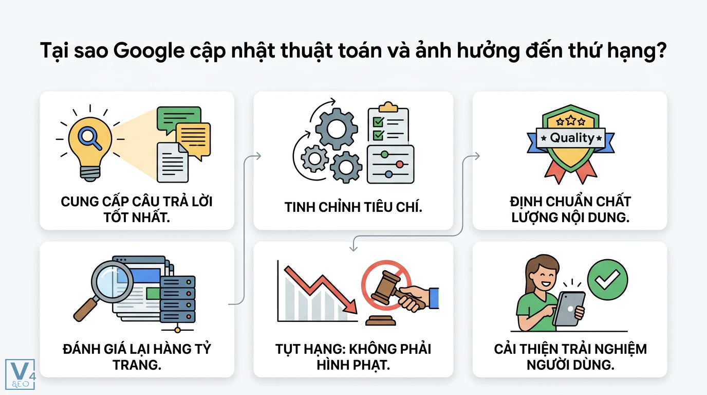 Làm sao bảo vệ thứ hạng nội dung qua các bản cập nhật của Google? 1 Google Core Update tinh chỉnh tiêu chí và chất lượng nội dung để đánh giá lại thứ hạng trang web nhằm cung cấp câu trả lời tốt nhất