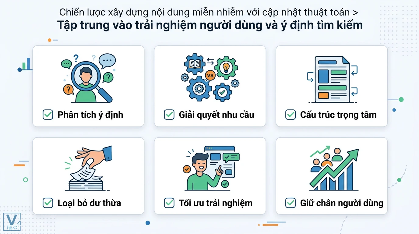 Làm sao bảo vệ thứ hạng nội dung qua các bản cập nhật của Google? 2 Phân tích ý định tìm kiếm và tối ưu trải nghiệm người dùng bằng cách giải quyết nhu cầu, cấu trúc trọng tâm để giữ chân độc giả bền vững