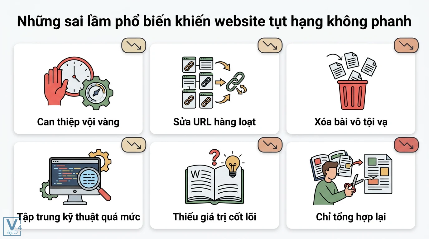 Làm sao bảo vệ thứ hạng nội dung qua các bản cập nhật của Google? 3 Sai lầm gây tụt hạng website gồm can thiệp vội vàng, sửa URL hàng loạt, xóa bài viết, quá tập trung kỹ thuật và thiếu nội dung giá trị cốt lõi