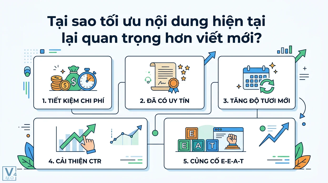 Làm sao để cải thiện thứ hạng từ khóa qua tối ưu nội dung hiện tại? 1 Tối ưu nội dung hiện tại giúp tiết kiệm chi phí, tận dụng uy tín sẵn có, tăng độ tươi mới, cải thiện CTR và củng cố các tín hiệu E-E-A-T