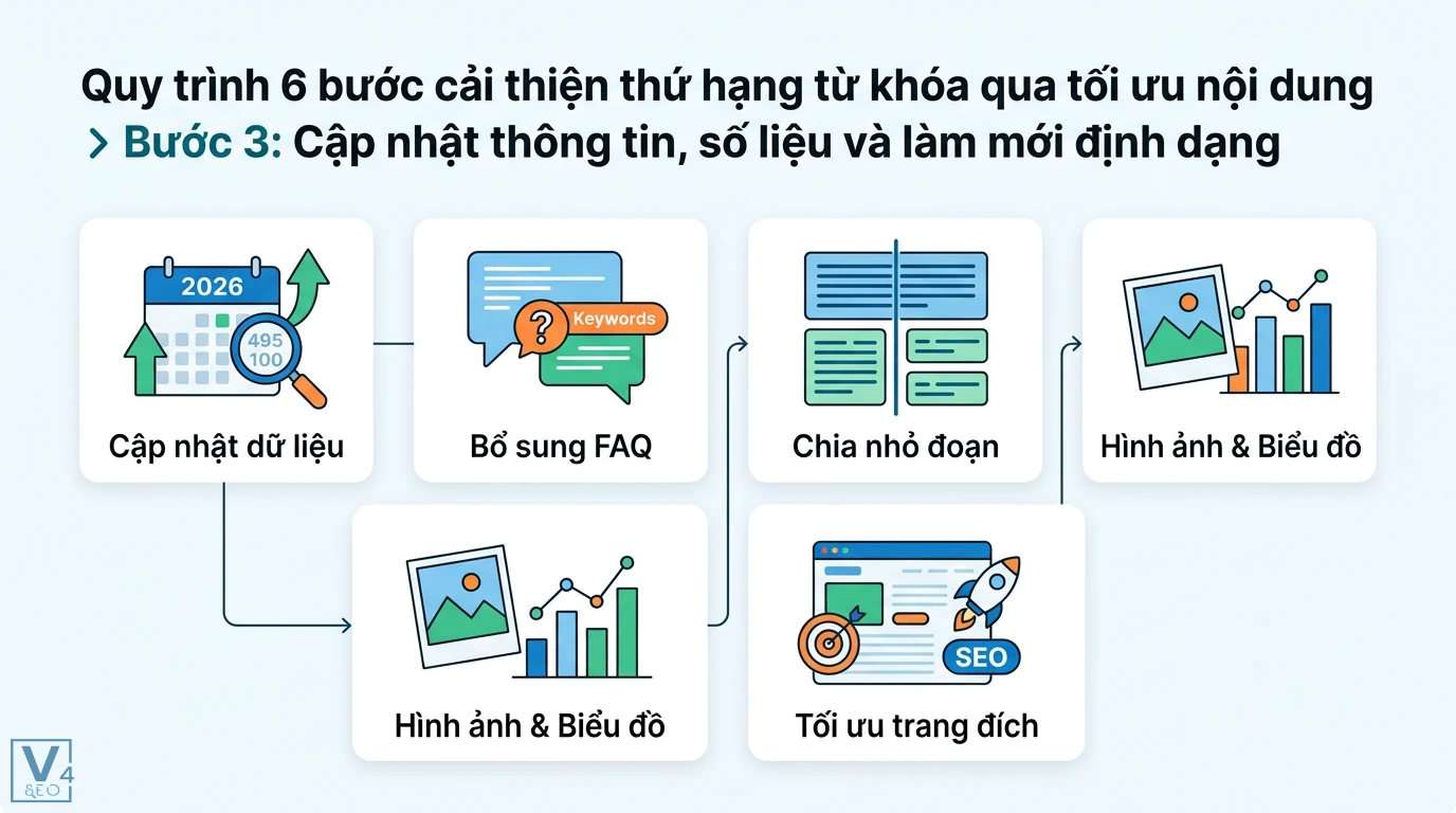 Làm sao để cải thiện thứ hạng từ khóa qua tối ưu nội dung hiện tại? 2 Cập nhật dữ liệu 2026, bổ sung FAQ, chia nhỏ đoạn văn và làm mới định dạng giúp tối ưu hóa nội dung SEO để cải thiện thứ hạng từ khóa hiệu quả