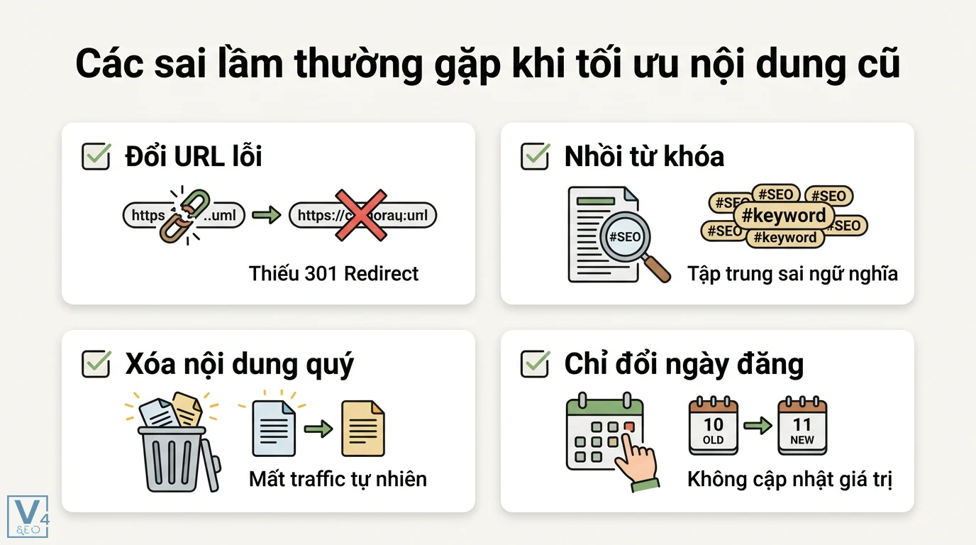 Làm sao để cải thiện thứ hạng từ khóa qua tối ưu nội dung hiện tại? 3 Các sai lầm khi tối ưu nội dung cũ như đổi URL thiếu redirect 301, nhồi từ khóa sai ngữ nghĩa, xóa nội dung mất traffic và chỉ đổi ngày đăng