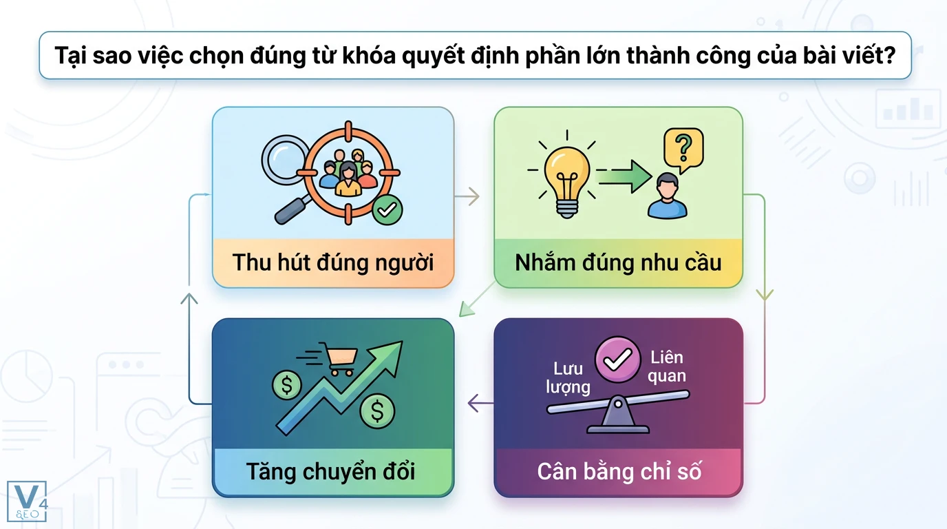 Làm sao chọn đúng từ khóa cho bài viết? Bí quyết Search Intent & Thực chiến 1 Tầm quan trọng của việc chọn từ khóa đúng: thu hút đúng người, nhắm nhu cầu, cân bằng lưu lượng tìm kiếm với liên quan để tăng chuyển đổi